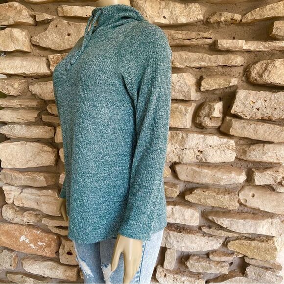 J. Jill Size Medium Cowl Neck Drawstring Pullover Marled Green Sweater Ribbed - Picture 4 of 6